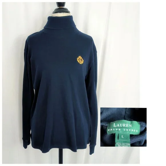Vintage Ralph Lauren Blue Turtleneck Top Large Logo Long Sleeve - Picture 1 of 9
